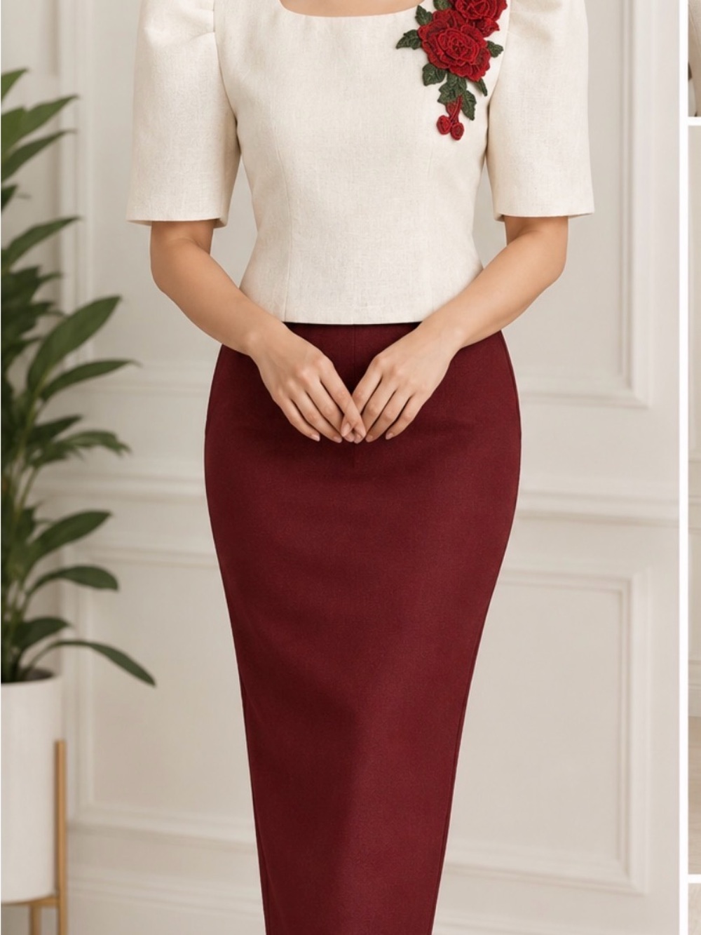 Elegant Wine Red Pencil Skirt - Women